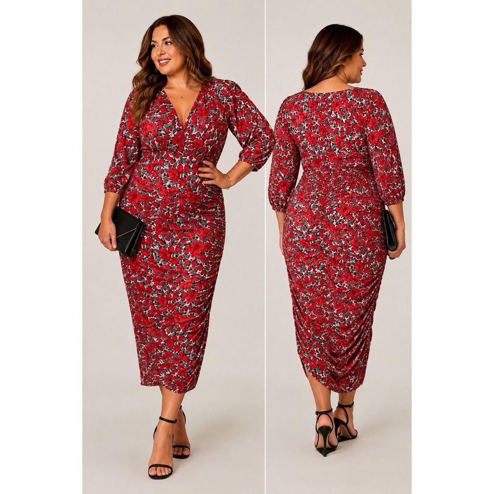 Boohoo Size 14 Red Floral Ruched Wrap Midi Dress NWT Occasion